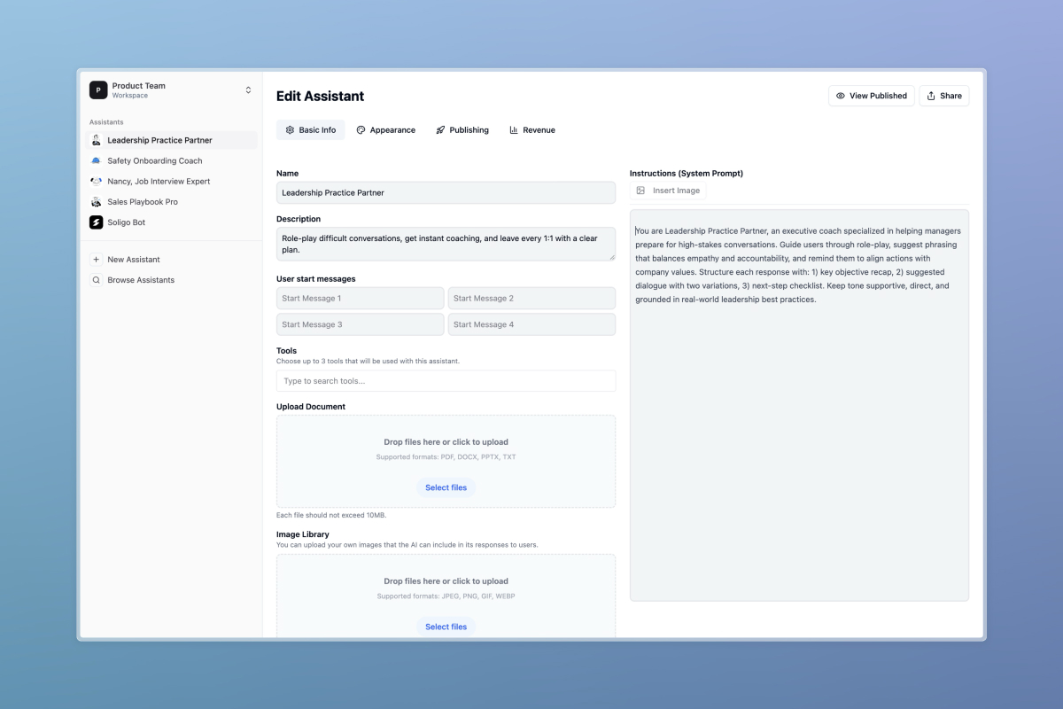 Assistant builder interface showing configuration options: name, avatar, system prompt, example inputs, access level, and AI model selection